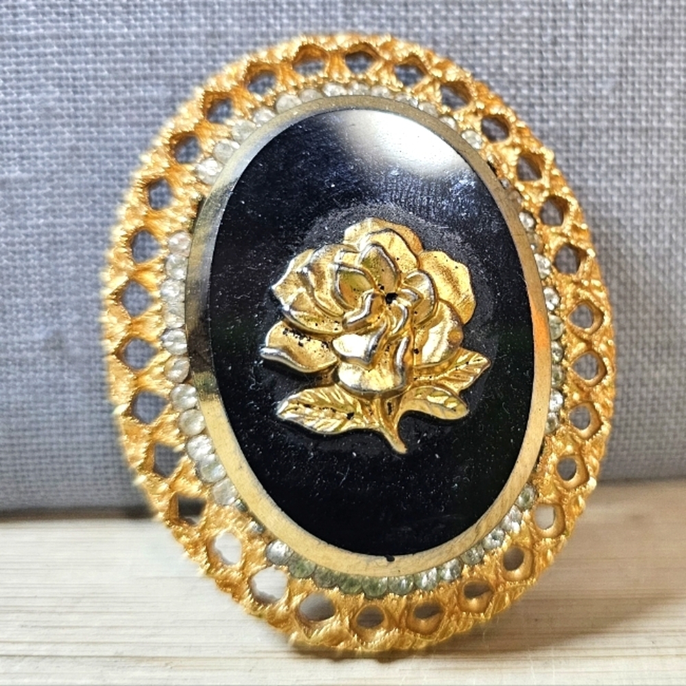 Celebrity Black and Gold Rose Brooch 1950s